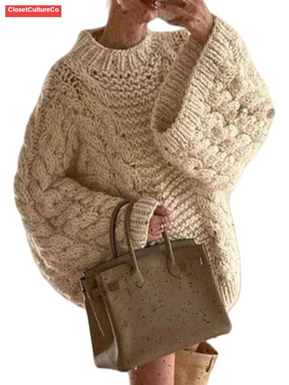 Oversized Cable Knit Chunky Pullover Crewneck Long Sleeve Sweater
